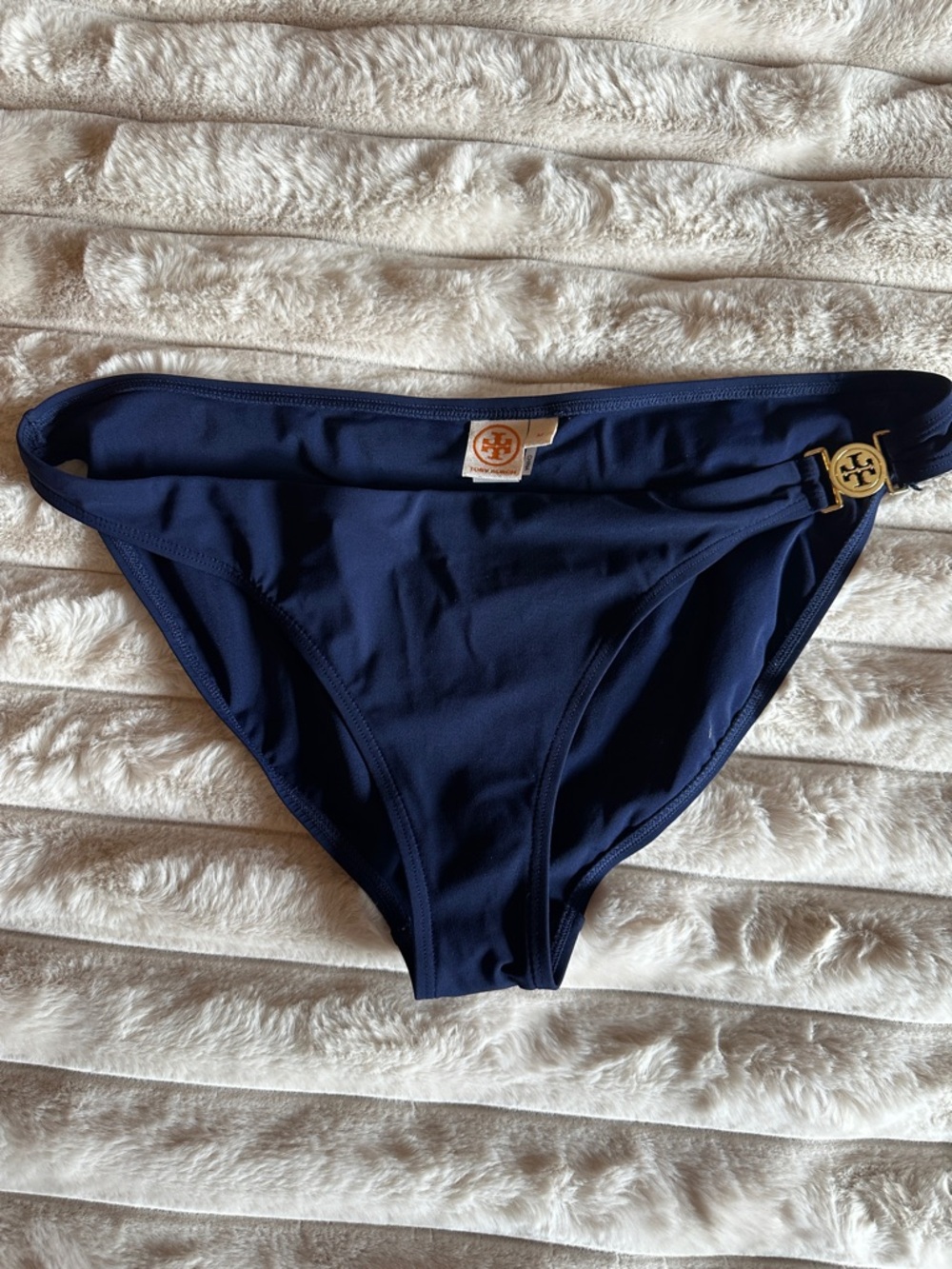Tory Burch Navy Bikini Bottom with Gold Logo Hardware